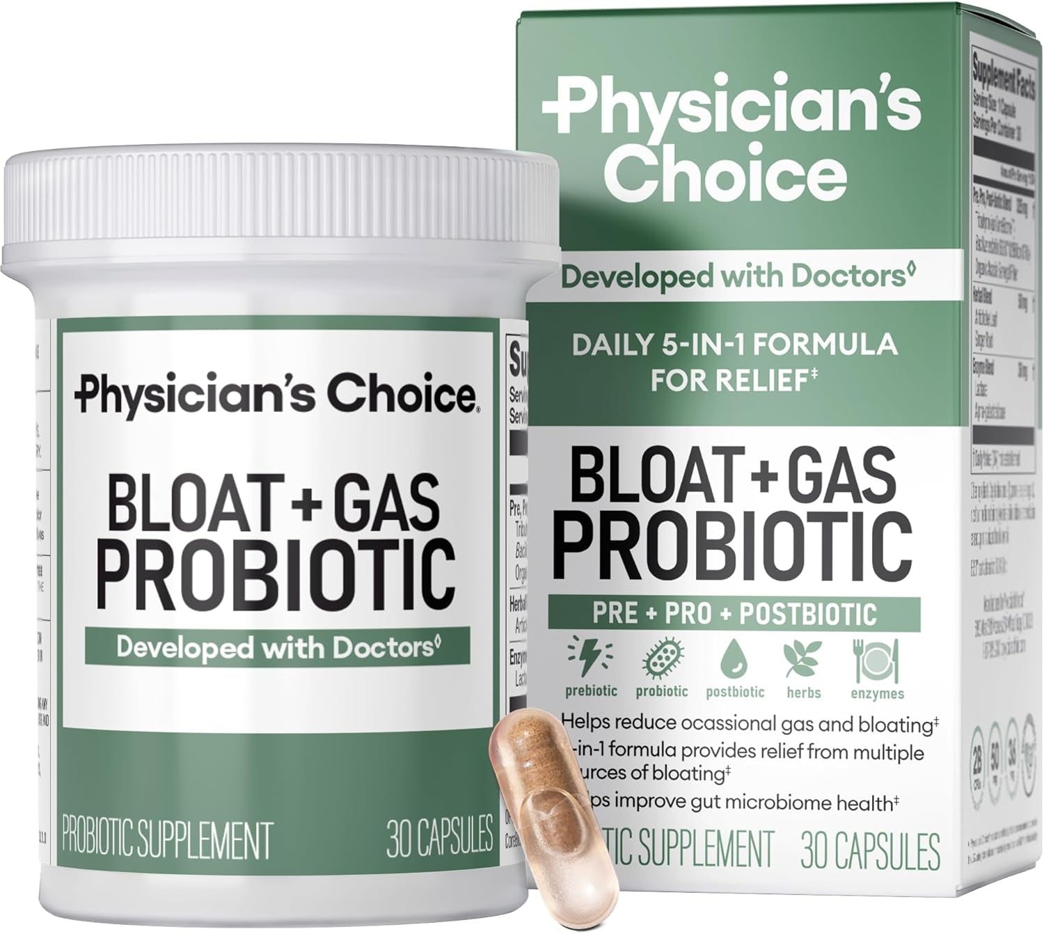 Bloat & Gas Probiotic 5-In-1 Proactive Support + Daily Relief - Digestion & Gut Health- Herbals, Digestive Enzymes, Post & Prebiotics - Gas Relief for Adults - Women & Men - 30Ct