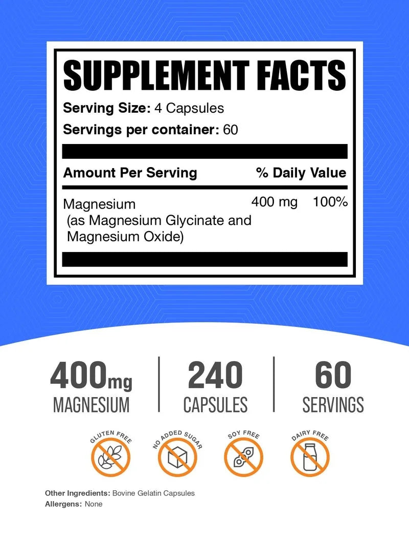 Bulksupplements Magnesium Glycinate Capsules - Easily Absorbed, Magnesium Supplement, 4 Capsules per Serving (400Mg Magnesium), 240 Count