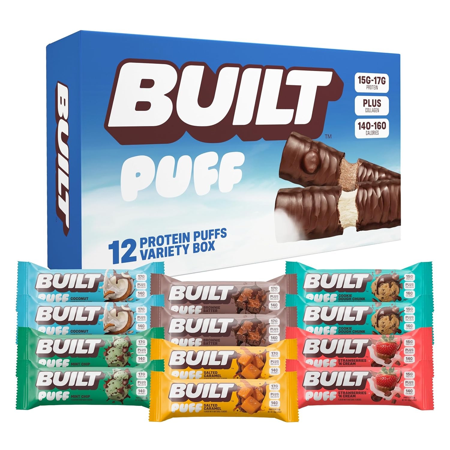 , Puff Protein Bars, Variety Pack, Collagen, On-The-Go Snacks, Breakfast Bar, Mixed Sampler, 12 Pack