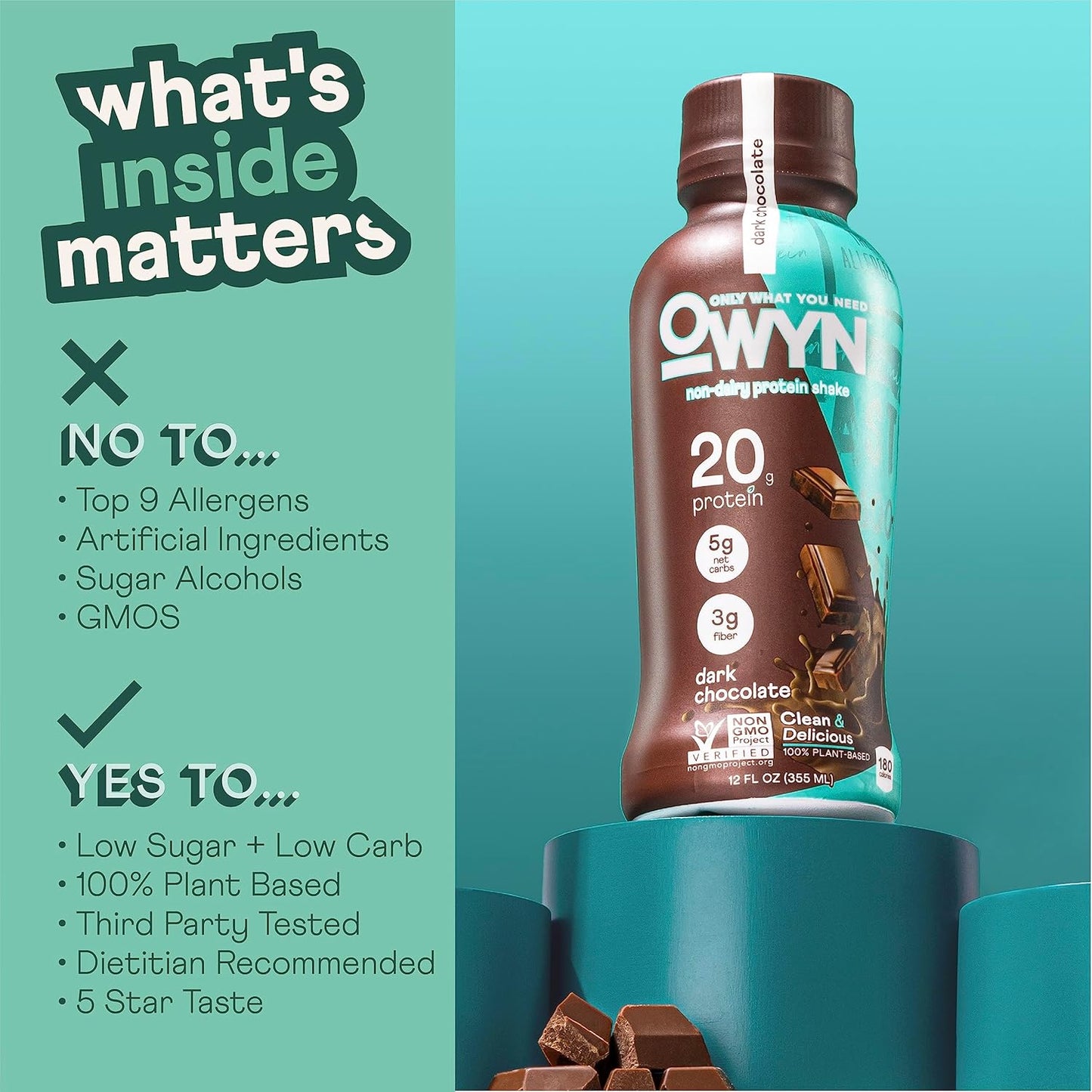 Plant Based Protein Shake, Dark Chocolate, 20G Vegan Protein from Organic Pumpkin Seed, Flax, Pea Blend, Omega-3, Prebiotic Supplements, Gluten and Soy-Free, (12 Pack)