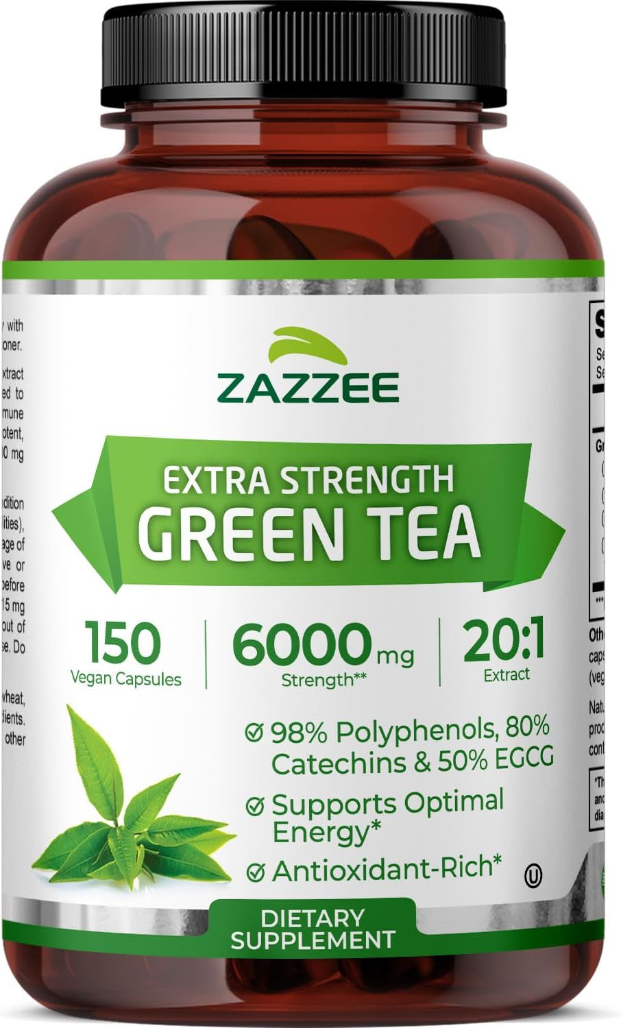 Extra Strength Green Tea 20:1 Extract, 6000 Mg Strength, 50% EGCG, 98% Polyphenols and 80% Catcehins, 150 Vegan Capsules, 5 Month Supply, Standardized and Concentrated 20X Potency, Non-Gmo
